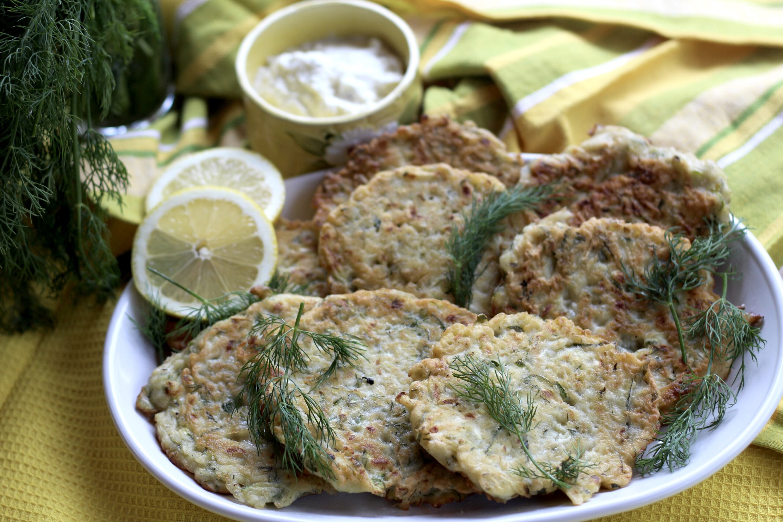 Zucchini Dill Fritters with Creamy Feta Dip