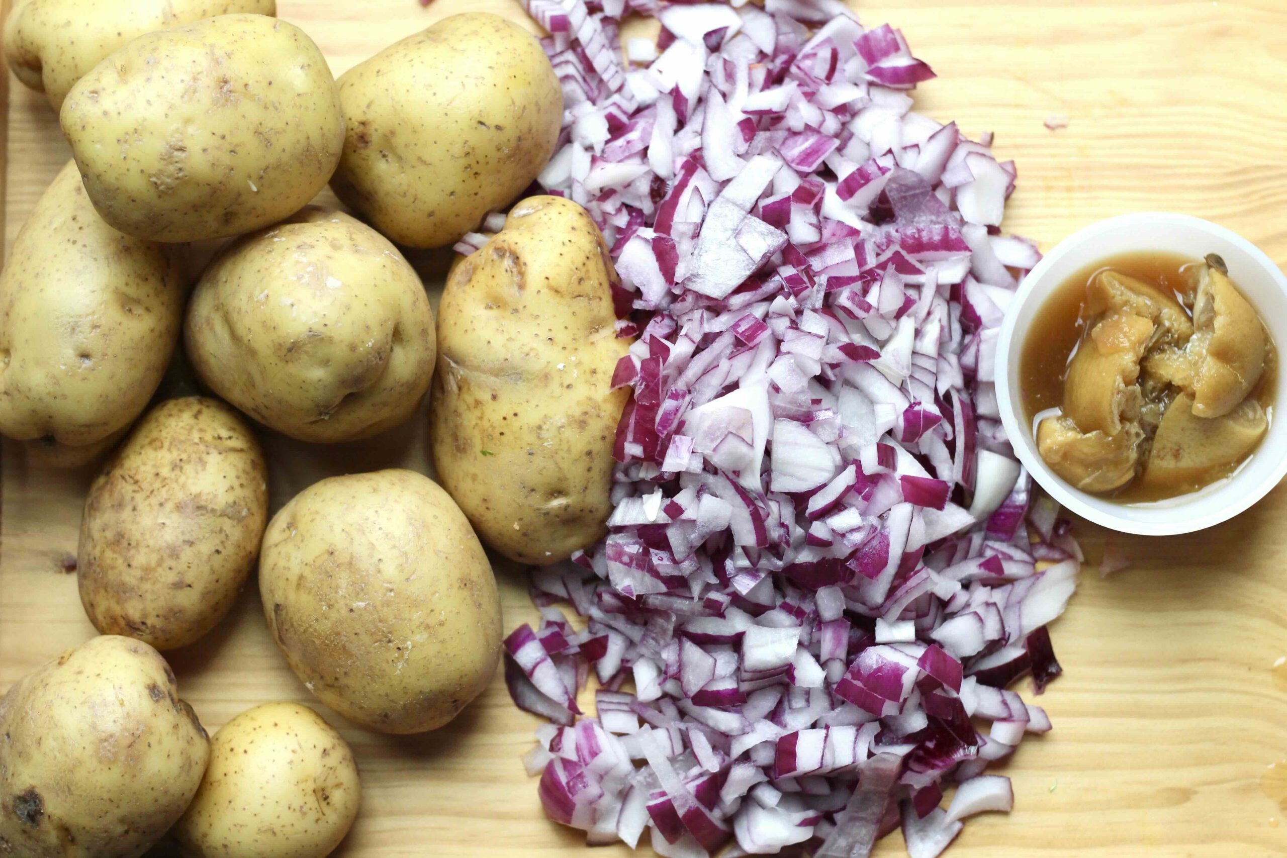 Yellow Potatoes, chopped red onions, and preserved lemons