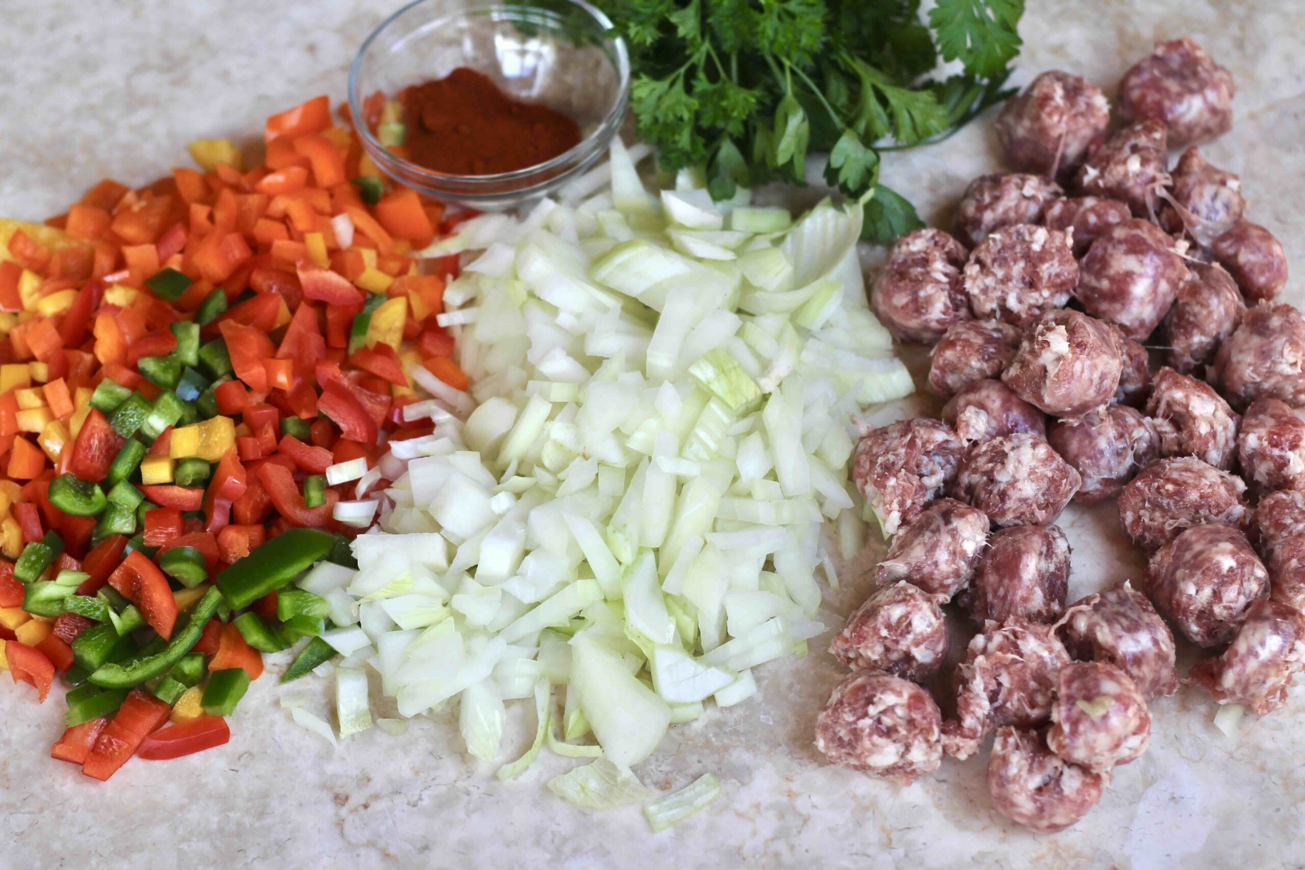 Bratwurst, onions and bell peppers