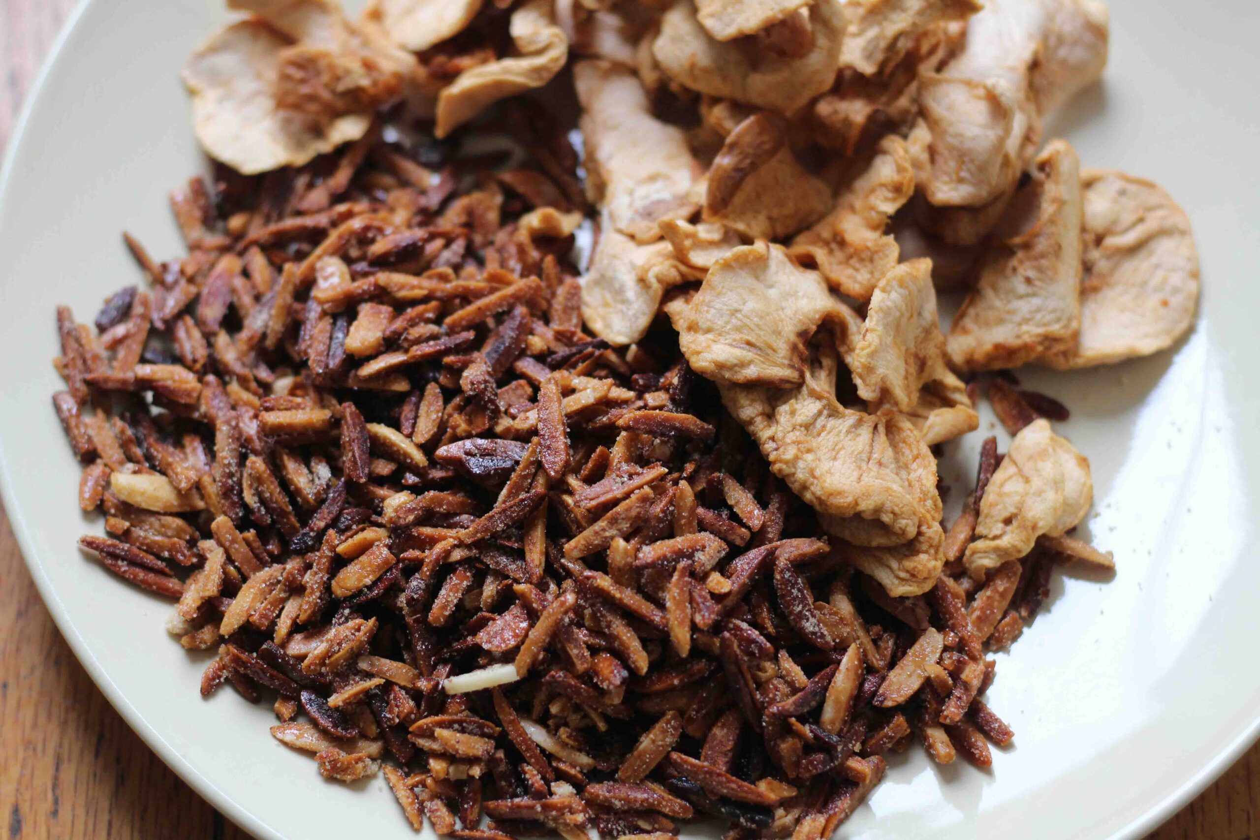 honeyed almond splinters and dried apple rings