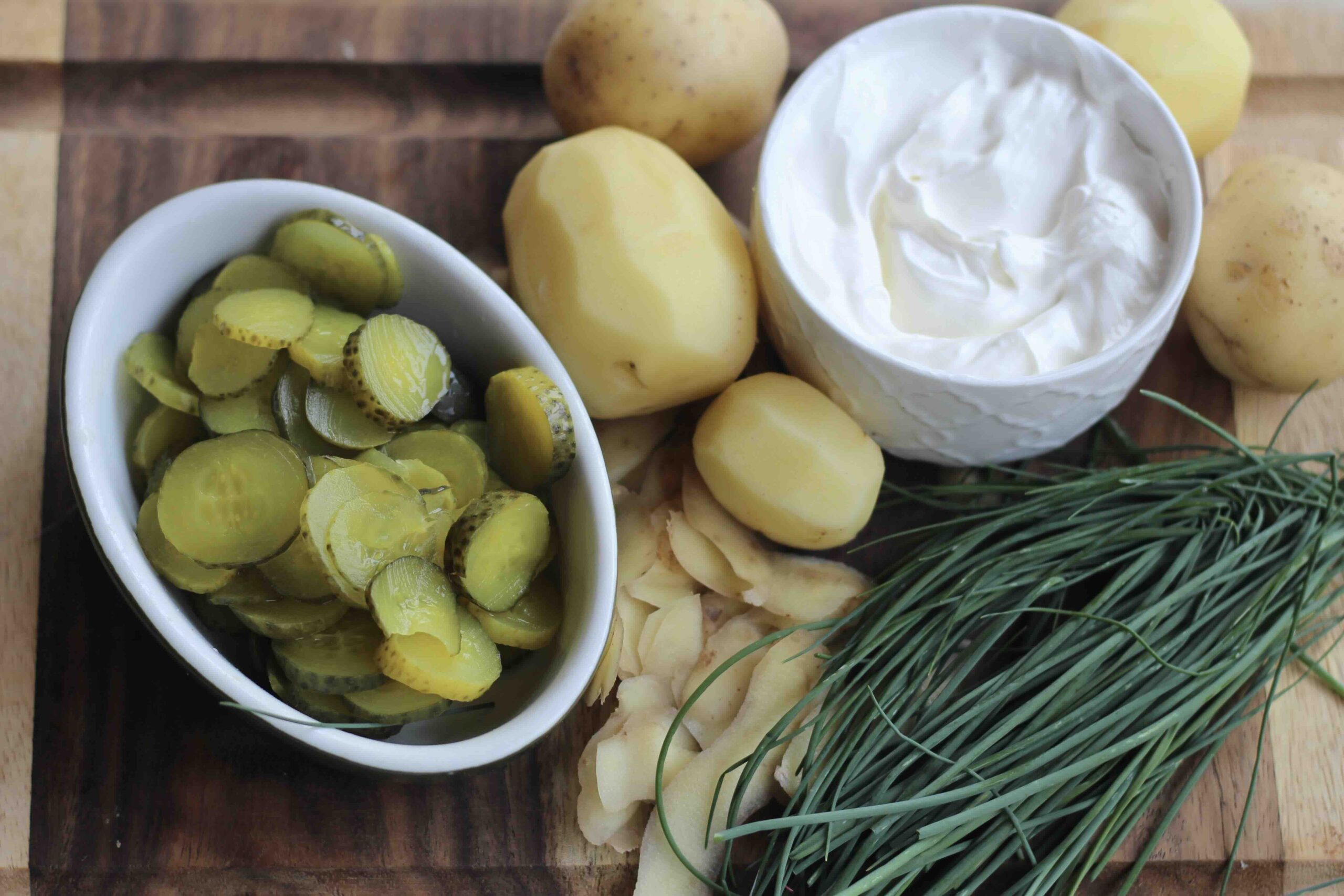 pickles, potatoes, chives, sour cream