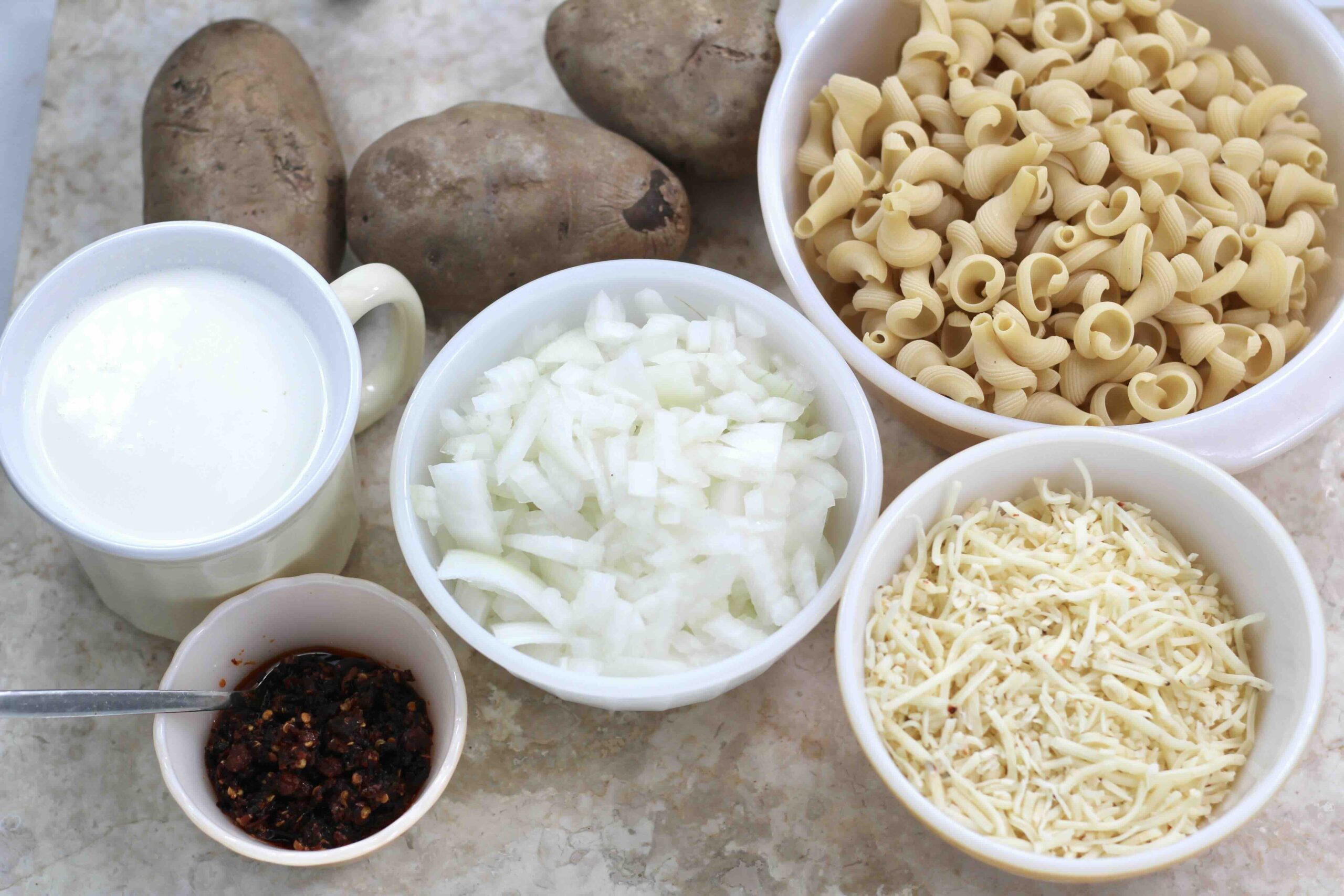 Chili Crisp Potato Mac-n-Cheese Ingredients