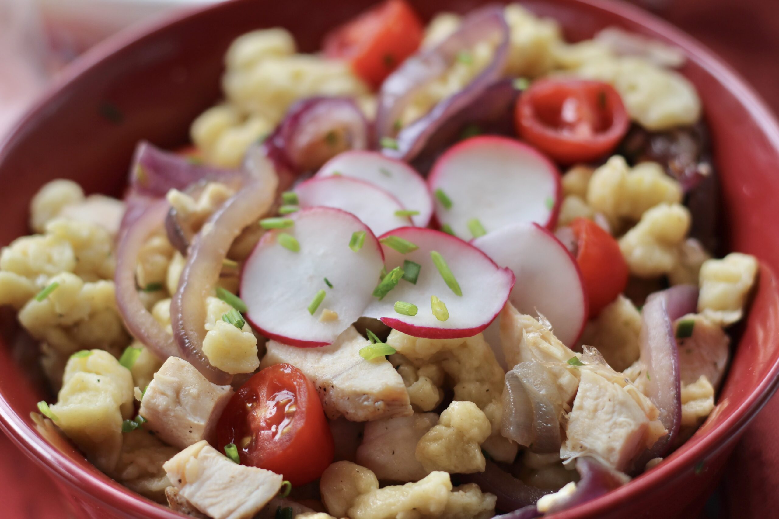 Chicken Spätzle Salad with Radish Vinaigrette
