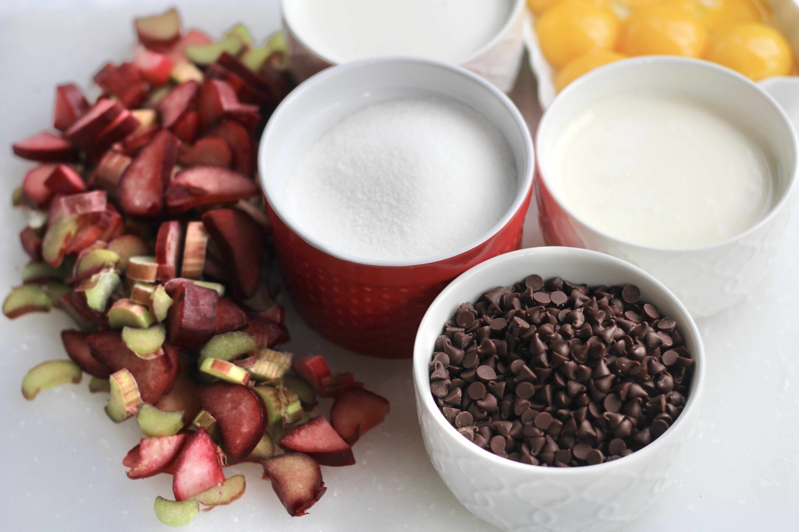 Rhubarb, Chocolate chips, cream, milk, egg yolks, sugar