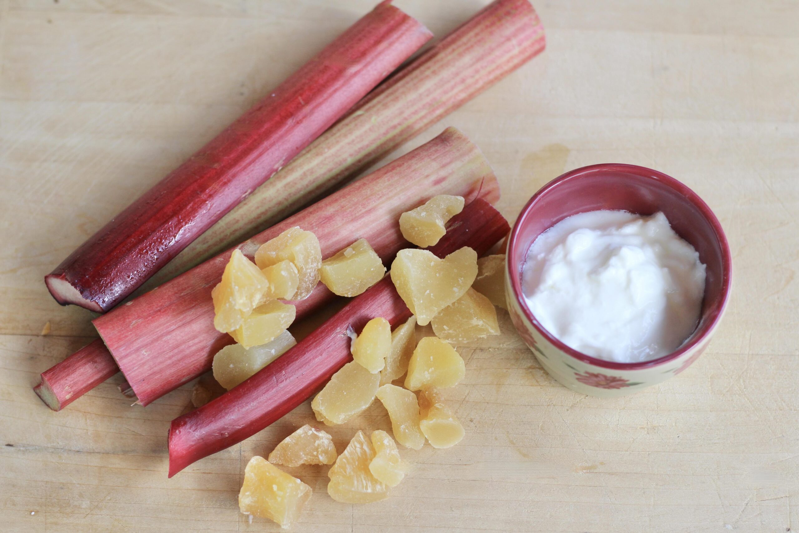 Rhubarb stalks crystallized ginger plain yogurt