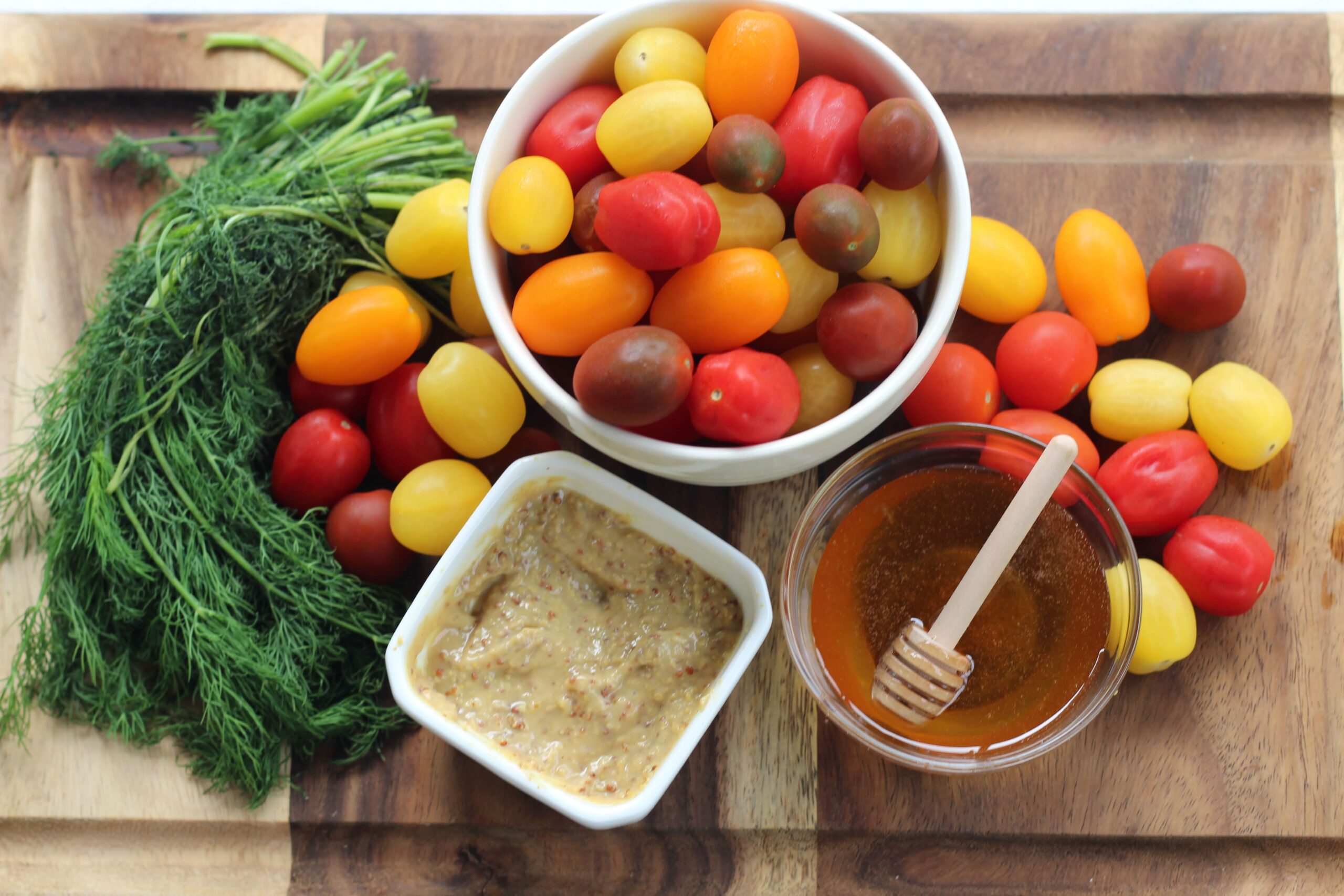 mini-tomatoes, dill, mustard, honey
