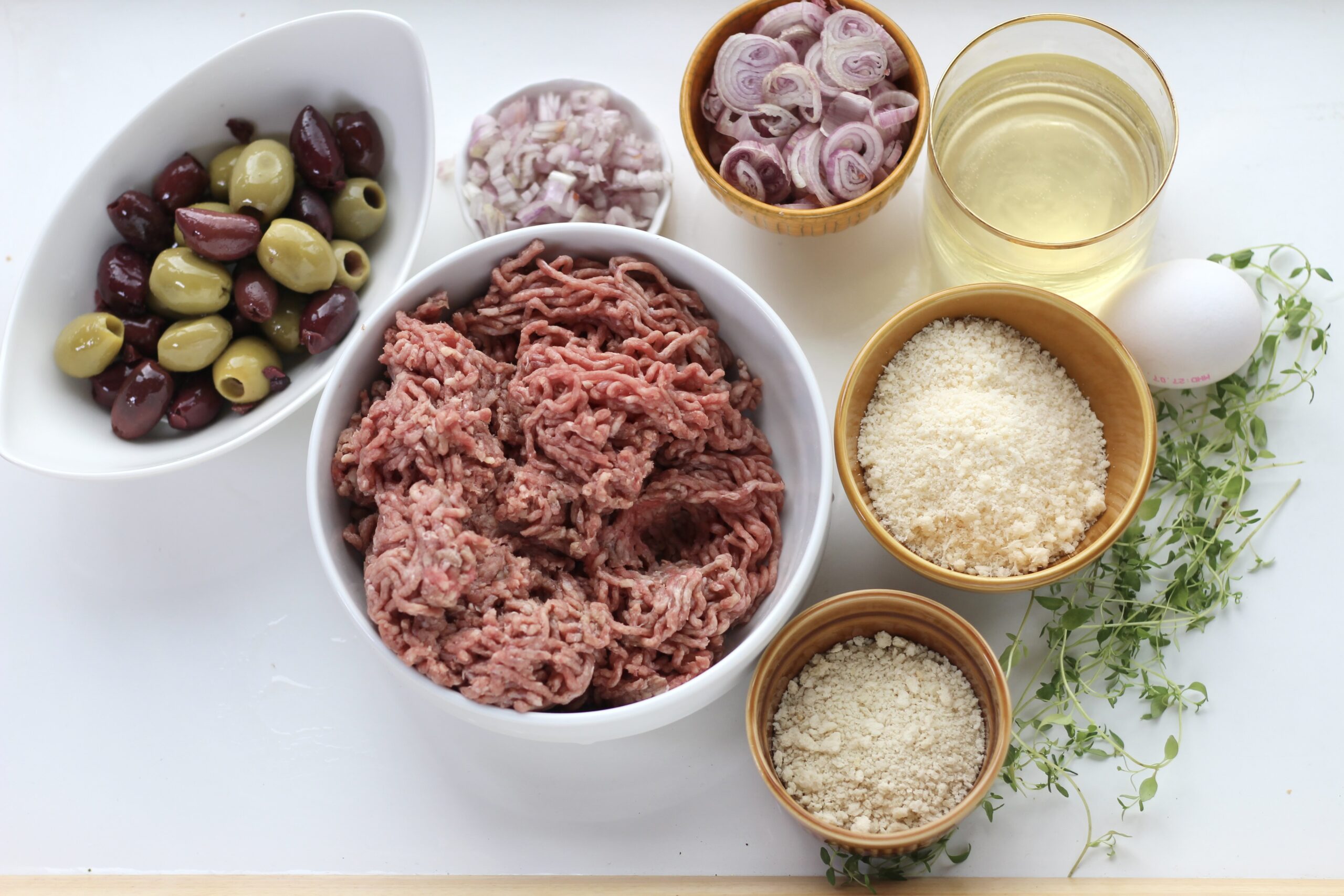 Ground beef, white wine, cheese, shallots