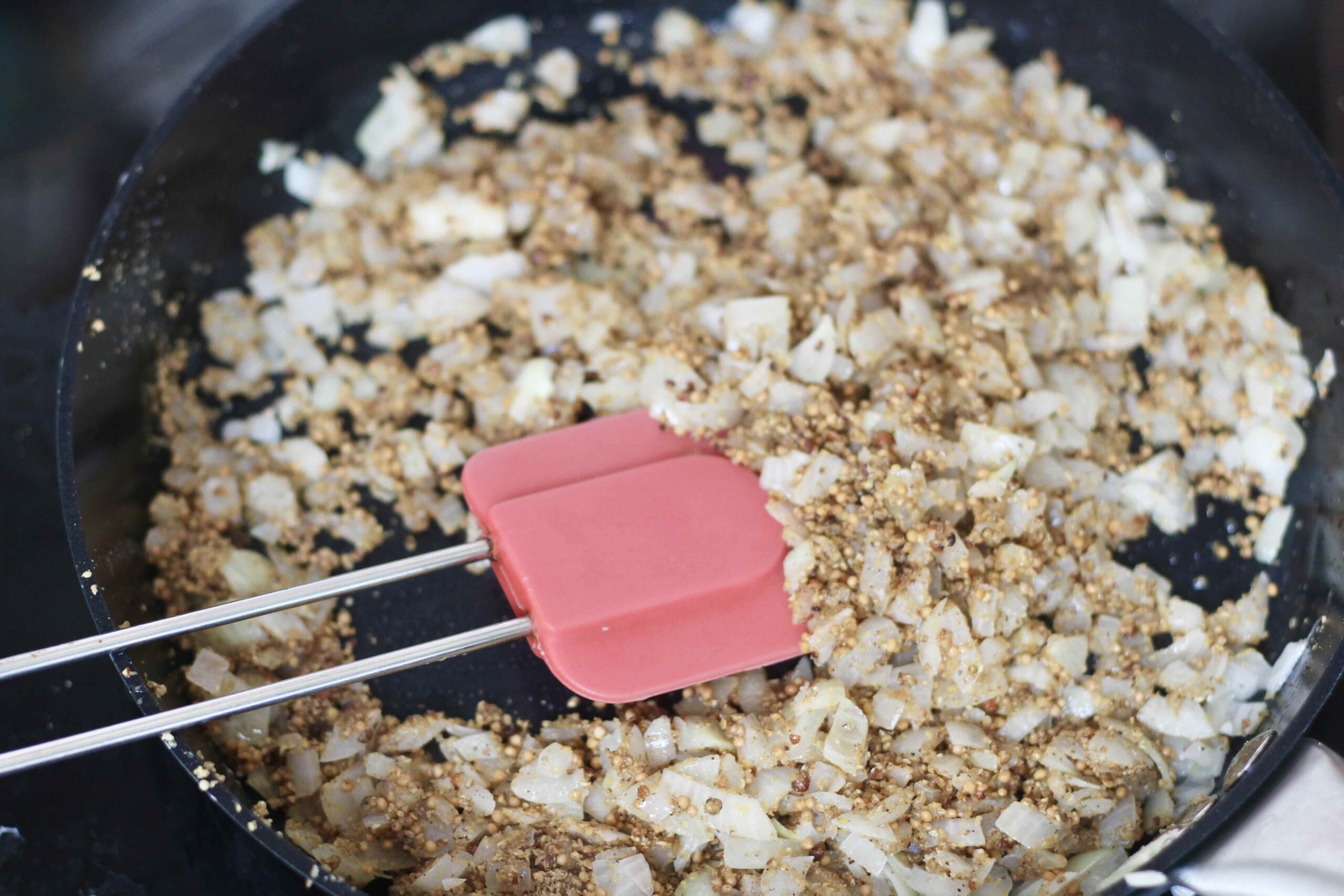 sauteing Onions, mustard seeds white peppercorns