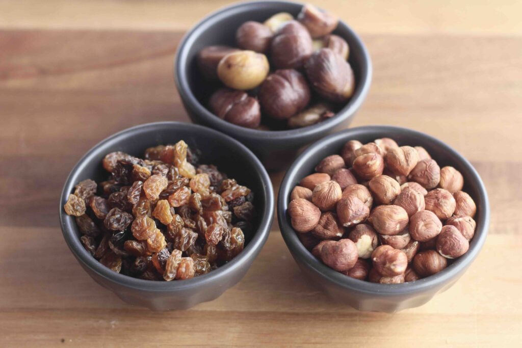 Chestnuts, Raisins and hazelnuts