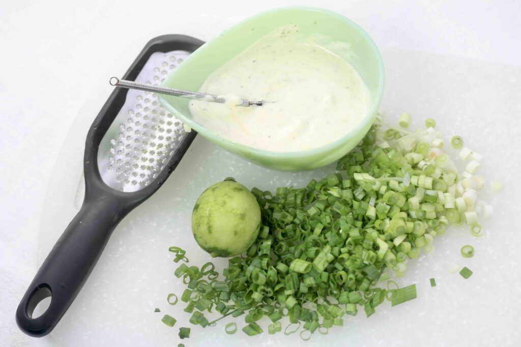 Lime mayonnaise and chopped scallions