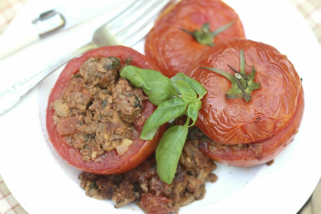 Basil Beef Stuffed Tomatoes